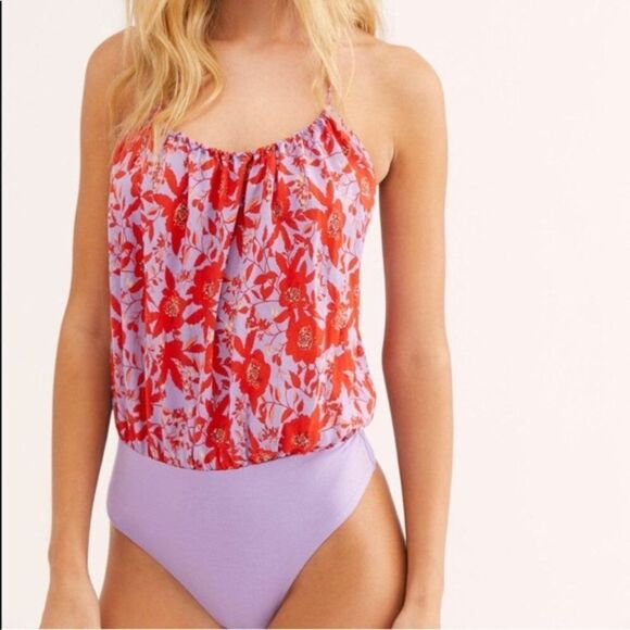Free People Tops - Free People 'Liza' Floral Halter Bodysuit, Size Large